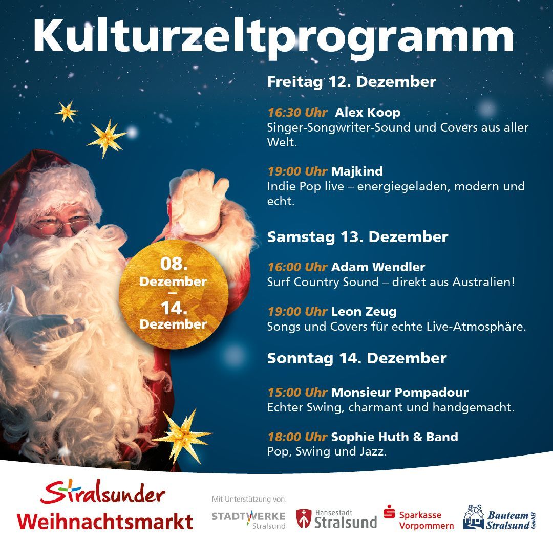 Das Kulturzelt auf dem Stralsunder Weihnachtsmarkt lädt ein zu kostenfreien Konzerten und vielem mehr.