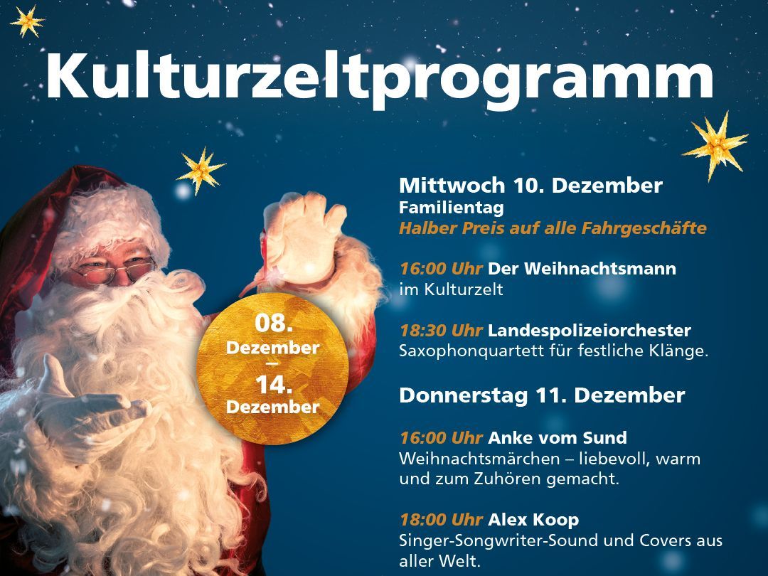 Das Kulturzelt auf dem Stralsunder Weihnachtsmarkt bietet kostenfreie Konzerte, Lesungen und vieles mehr.